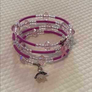Pink Beaded Breast Cancer Awareness Spiral Bracelet with Ribbon Angel Charms
